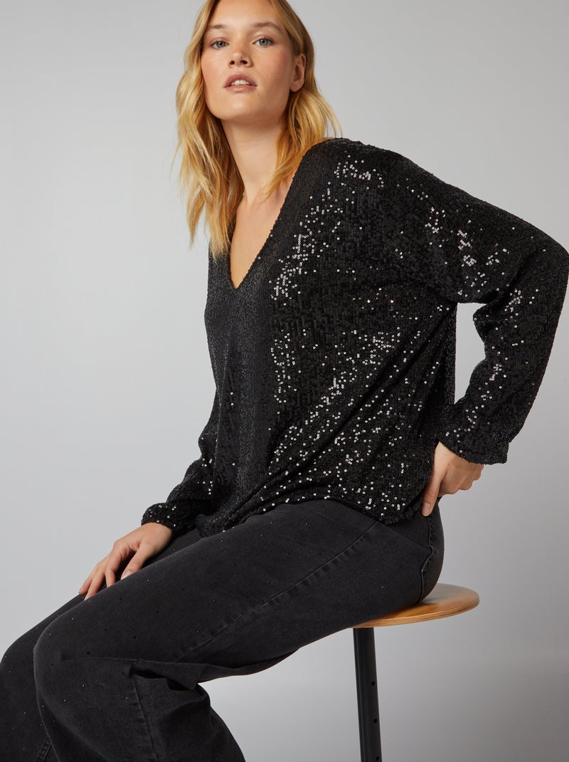 T-shirt scollo a V con paillettes nero - Kiabi