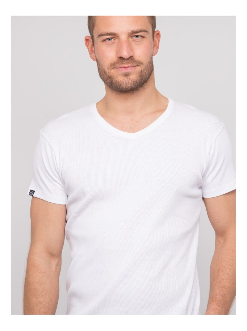 T-shirt scollo a V cotone a costine WILLIAM Bianco - Kiabi