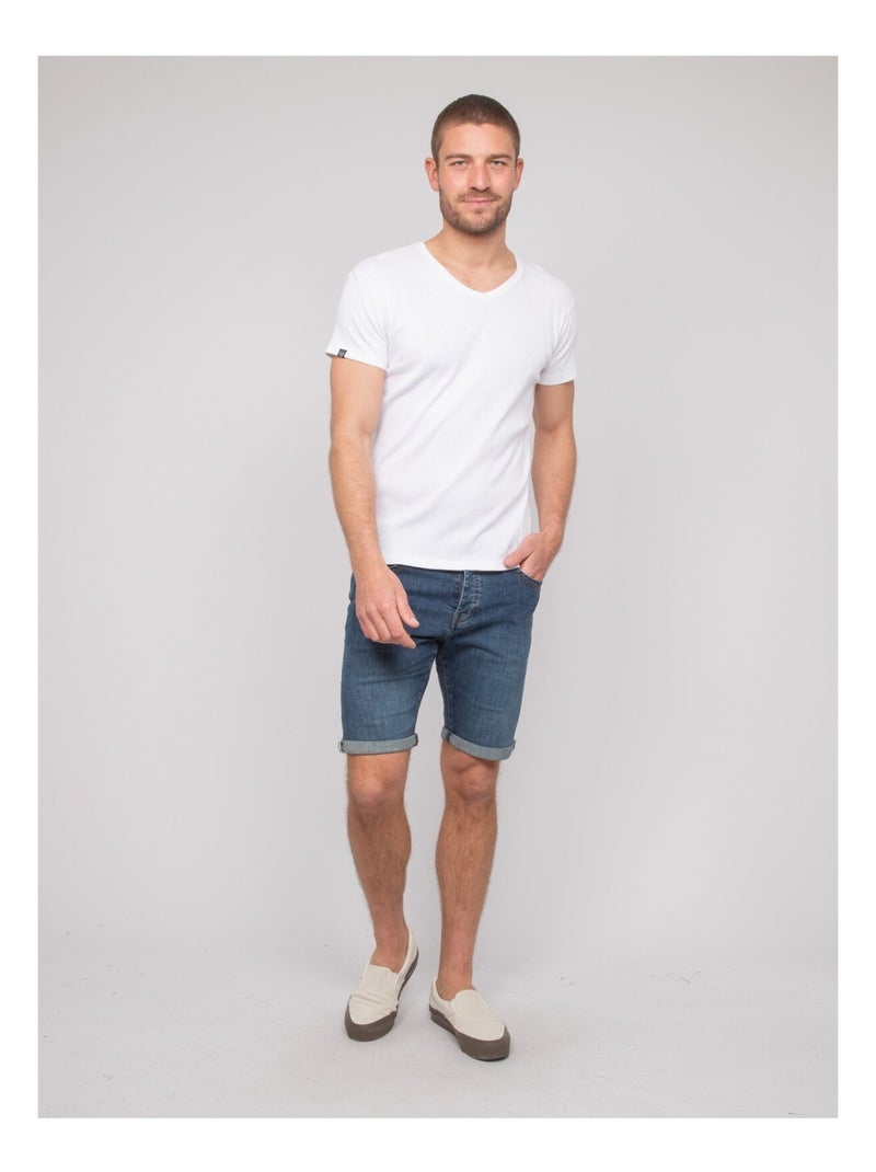 T-shirt scollo a V cotone a costine WILLIAM Bianco - Kiabi