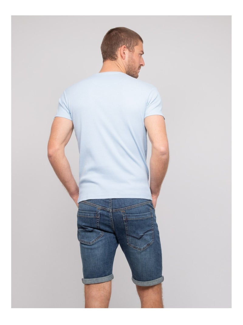 T-shirt scollo a V cotone a costine WILLIAM Blu cielo - Kiabi