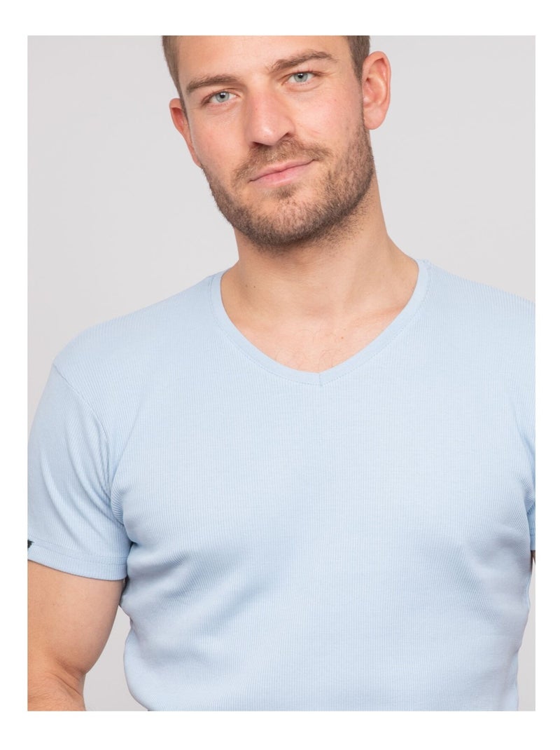 T-shirt scollo a V cotone a costine WILLIAM Blu cielo - Kiabi