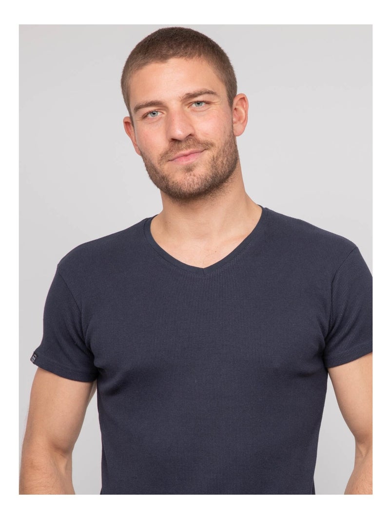 T-shirt scollo a V cotone a costine WILLIAM Blu marino - Kiabi