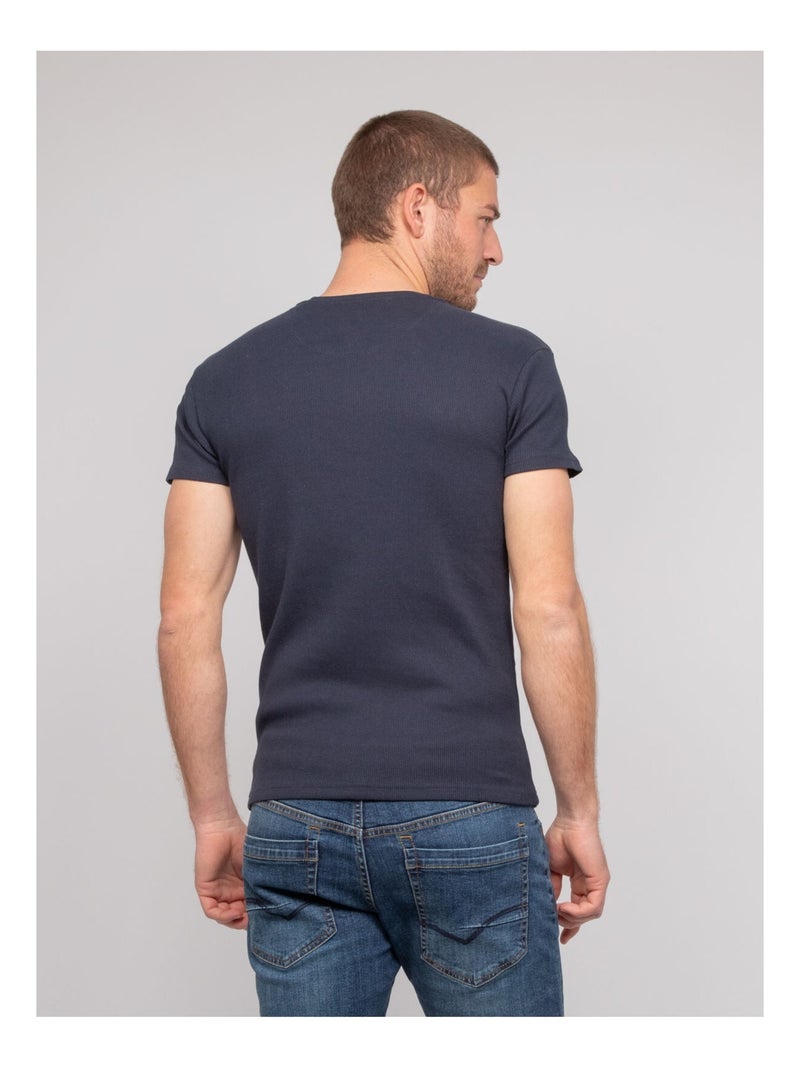 T-shirt scollo a V cotone a costine WILLIAM Blu marino - Kiabi