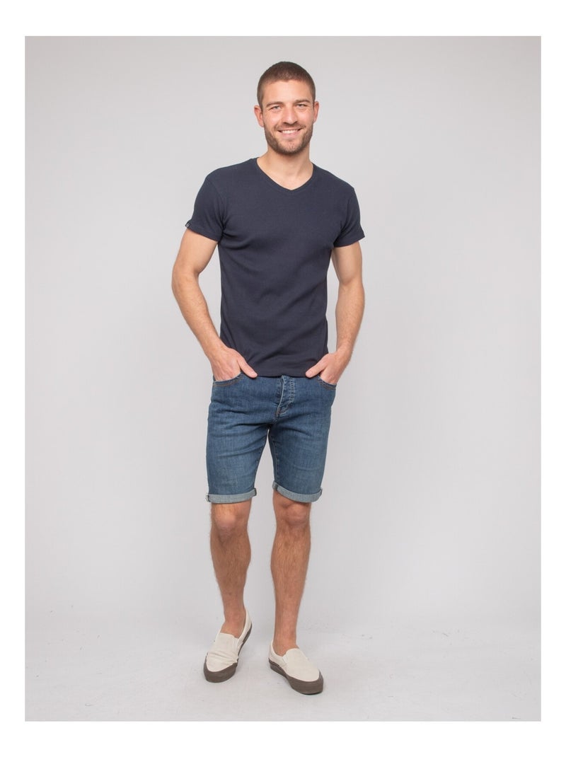 T-shirt scollo a V cotone a costine WILLIAM Blu marino - Kiabi