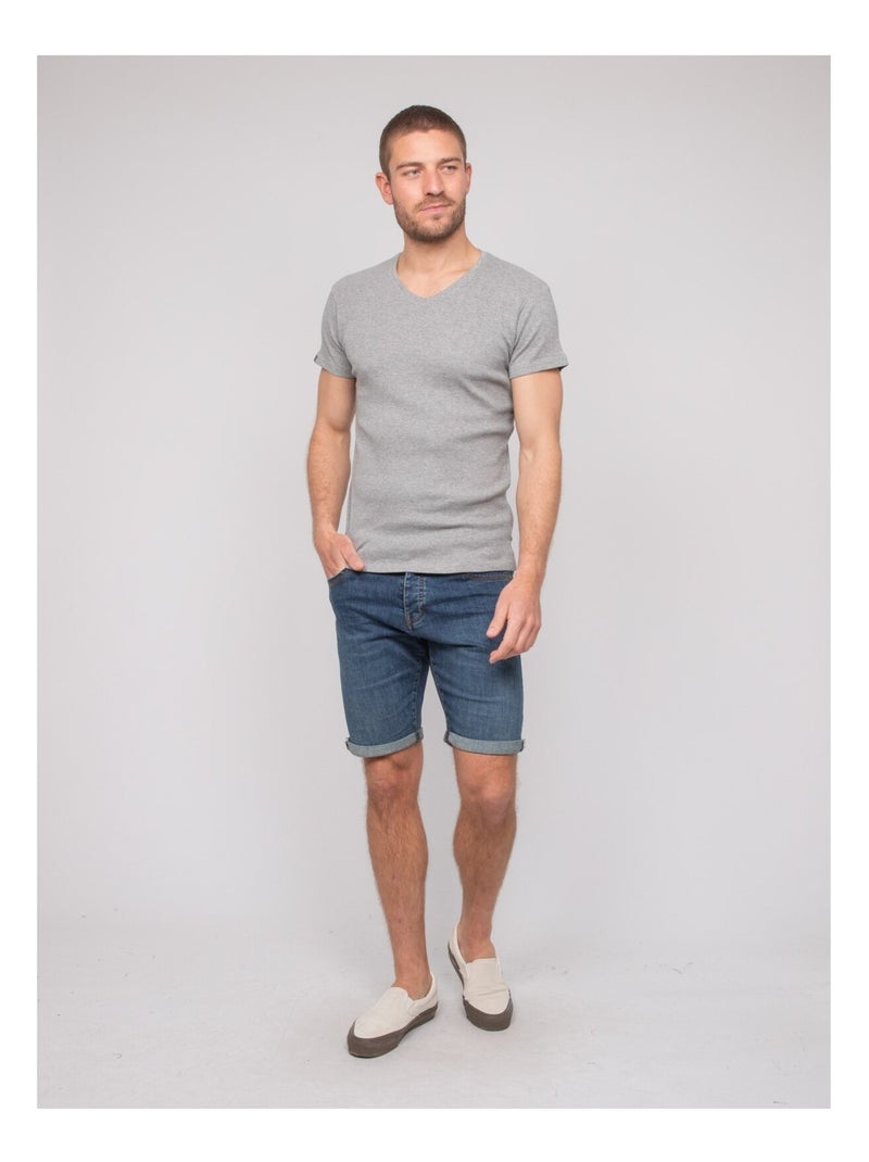 T-shirt scollo a V cotone a costine WILLIAM Grigio - Kiabi