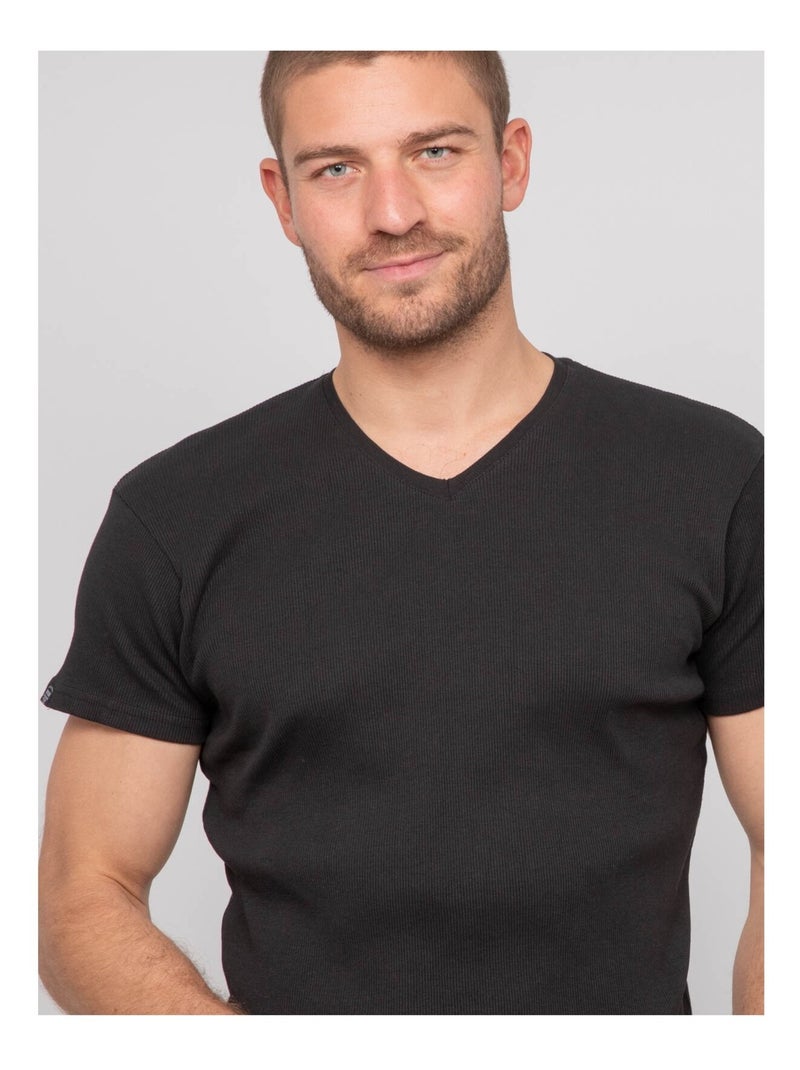 T-shirt scollo a V cotone a costine WILLIAM Nero - Kiabi