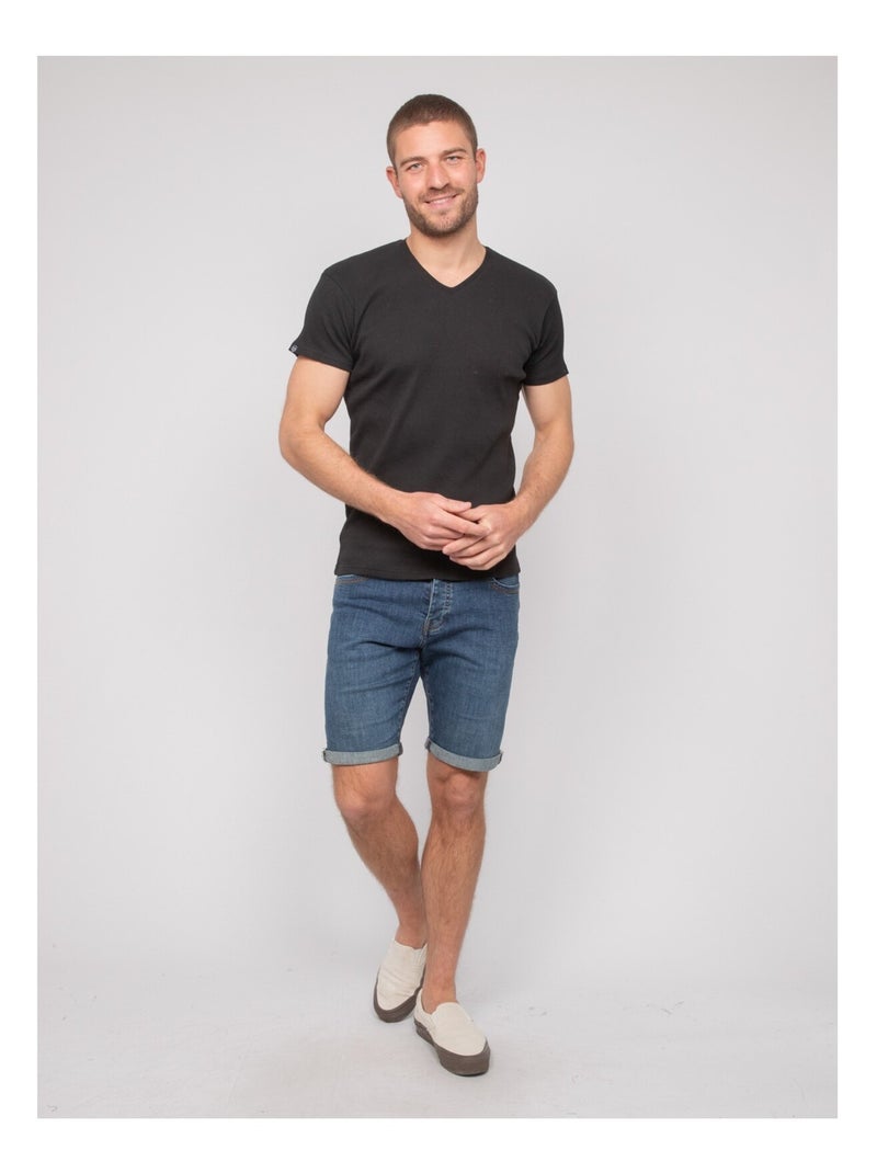 T-shirt scollo a V cotone a costine WILLIAM Nero - Kiabi