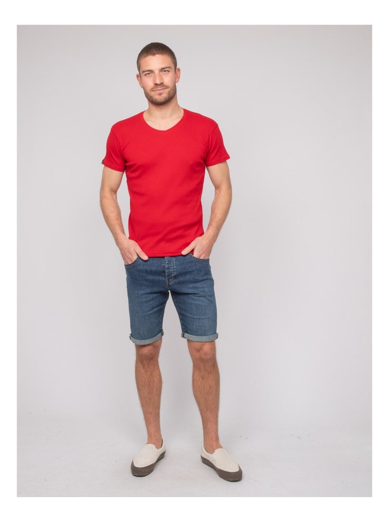 T-shirt scollo a V cotone a costine WILLIAM Rosso - Kiabi