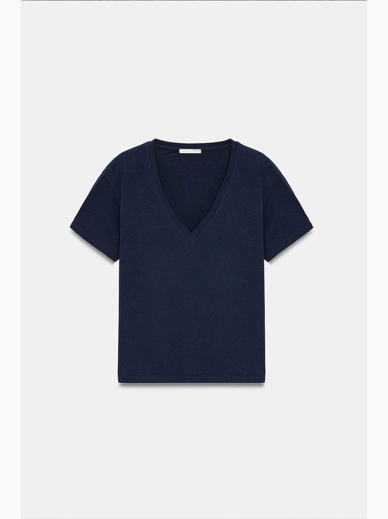 T-shirt scollo a v cotone lyocell manica corta dilvin Blu marino - Kiabi