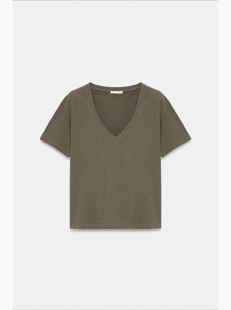 T-shirt scollo a v cotone lyocell manica corta dilvin Cachi - Kiabi