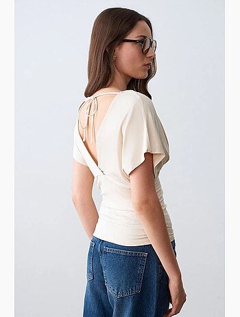 T-shirt scollo a v dettaglio fiocco manica corta dilvin