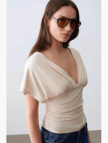 T-shirt scollo a v dettaglio fiocco manica corta dilvin