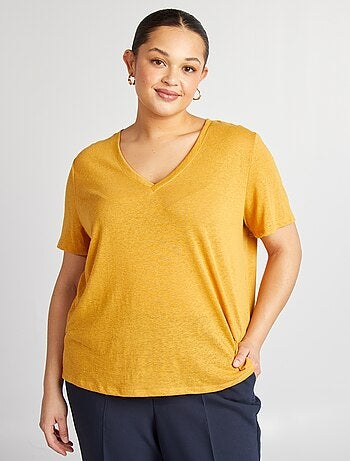 T-shirt scollo a V in misto lino