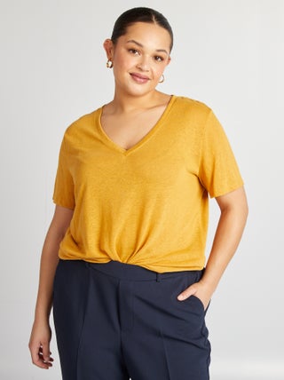 T-shirt scollo a V in misto lino
