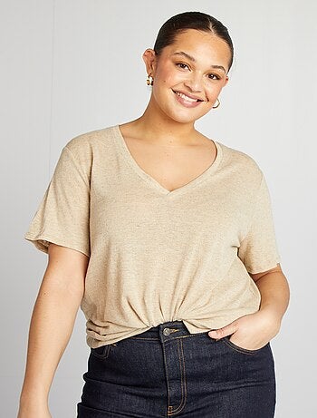 T-shirt scollo a V in misto lino