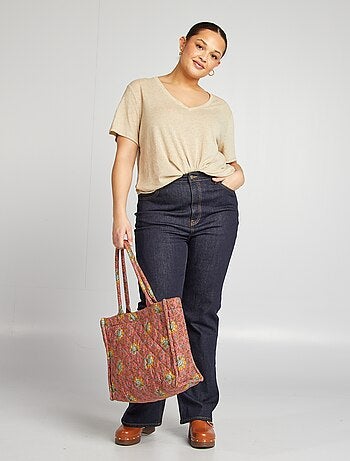 T-shirt scollo a V in misto lino