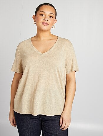 T-shirt scollo a V in misto lino