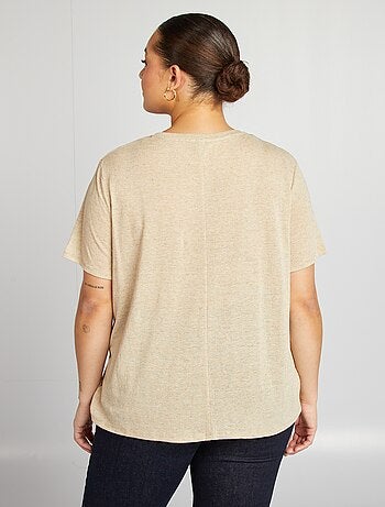 T-shirt scollo a V in misto lino