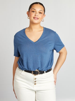 T-shirt scollo a V in misto lino