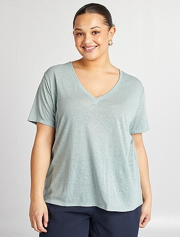 T-shirt scollo a V in misto lino