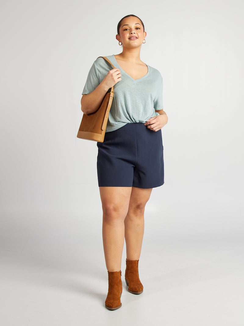T-shirt scollo a V in misto lino blu - Kiabi