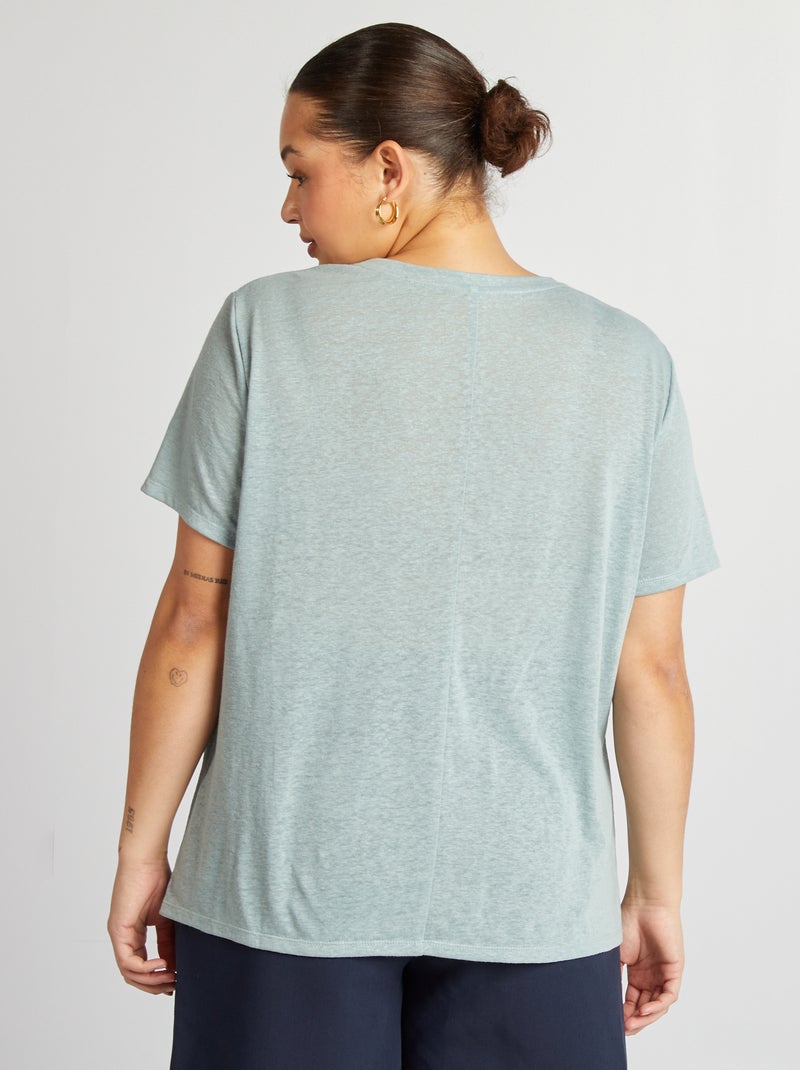 T-shirt scollo a V in misto lino blu - Kiabi