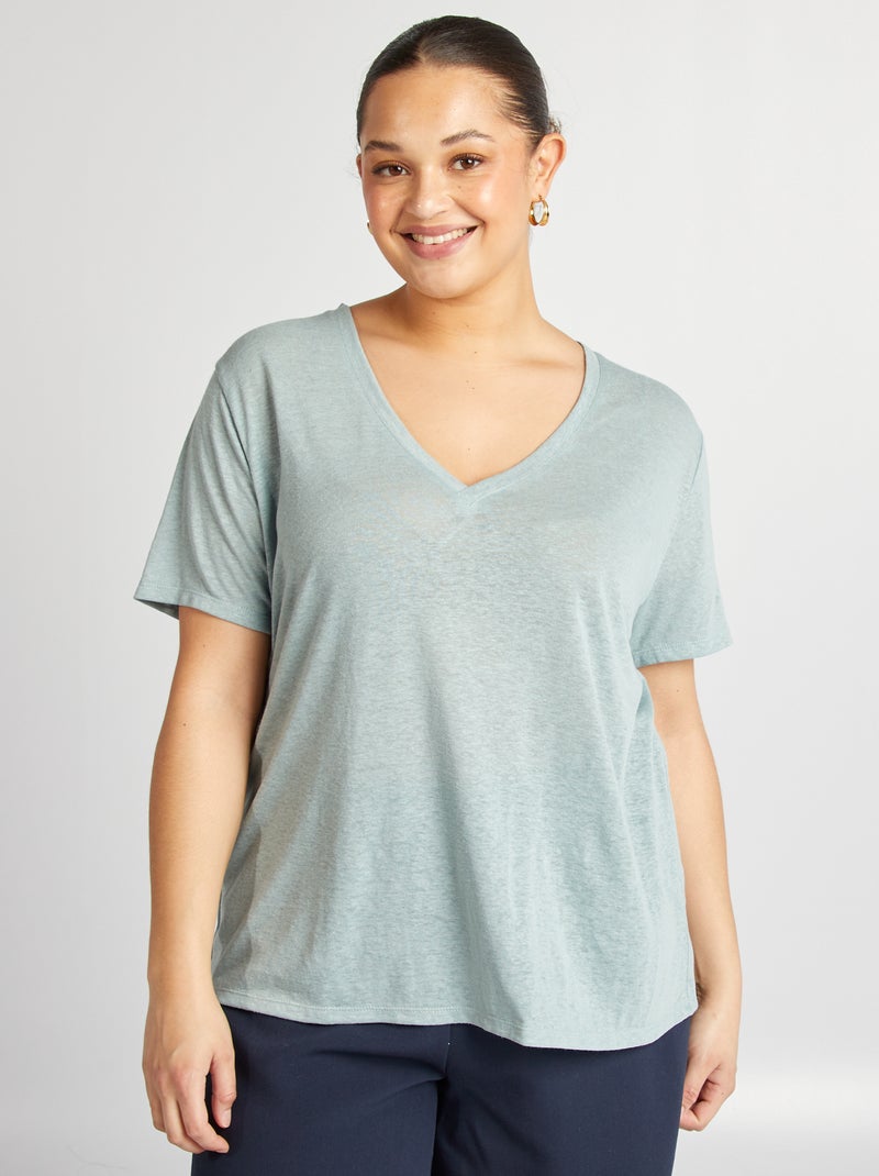 T-shirt scollo a V in misto lino blu - Kiabi