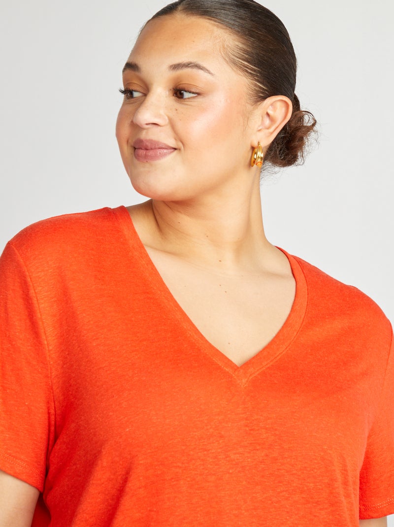 T-shirt scollo a V in misto lino rosso - Kiabi