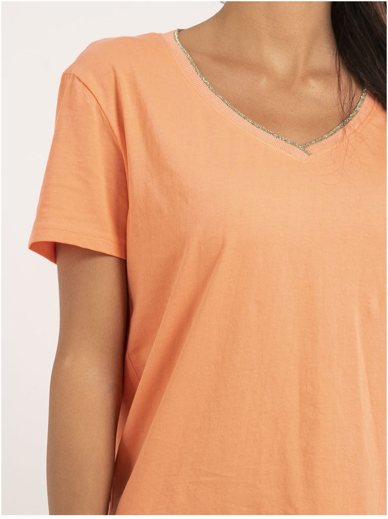 T-shirt scollo a V in puro cotone FAMIA Arancione corallo - Kiabi