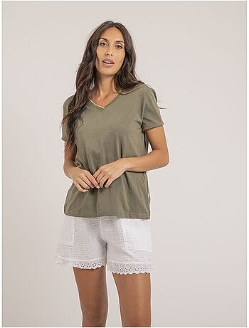 T-shirt scollo a V in puro cotone FAMIA