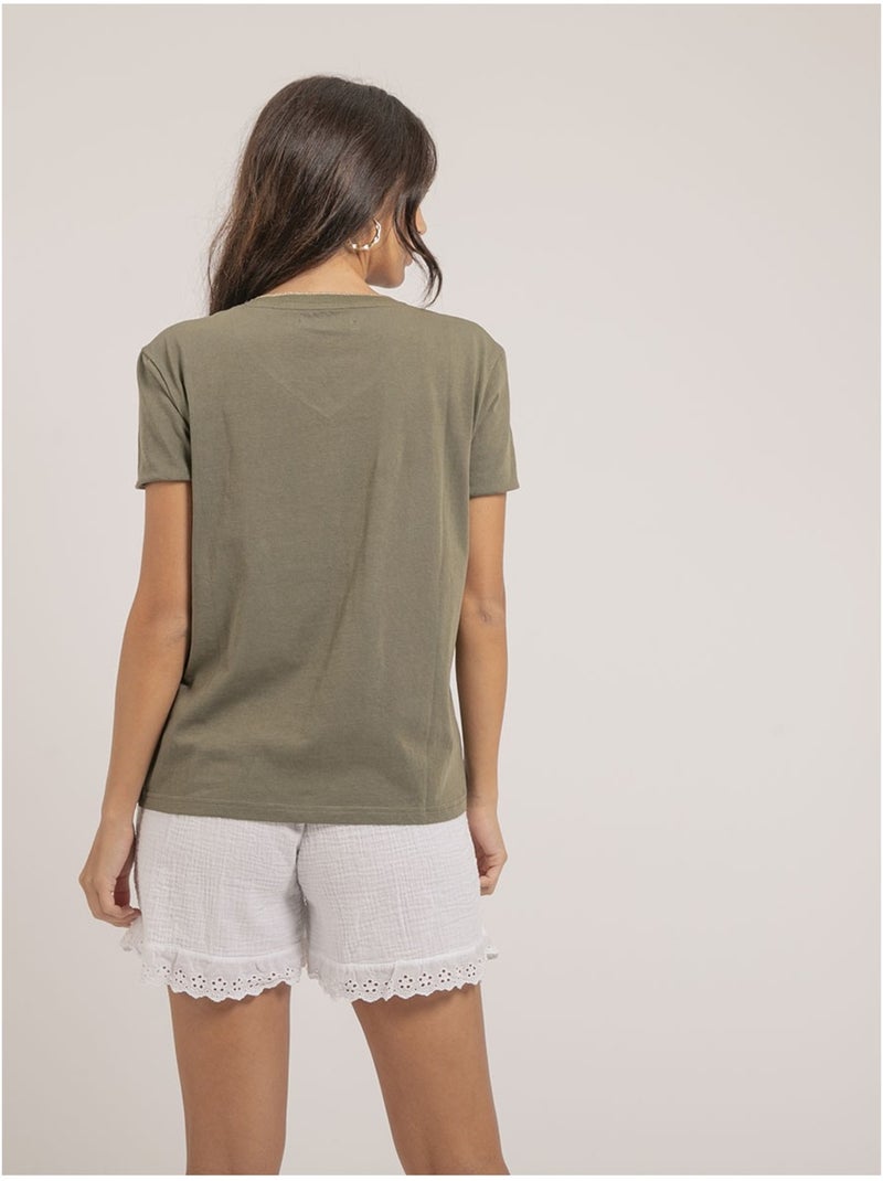 T-shirt scollo a V in puro cotone FAMIA Cachi - Kiabi