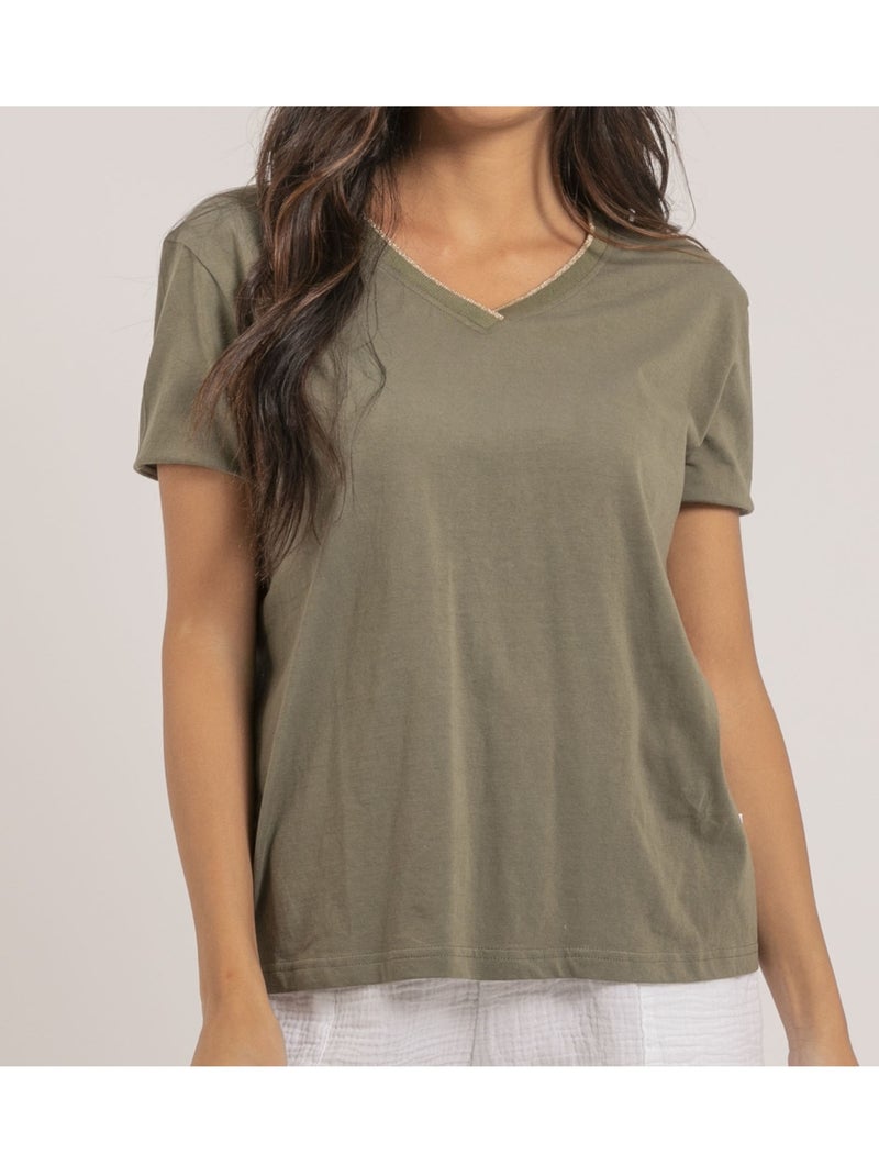 T-shirt scollo a V in puro cotone FAMIA Cachi - Kiabi