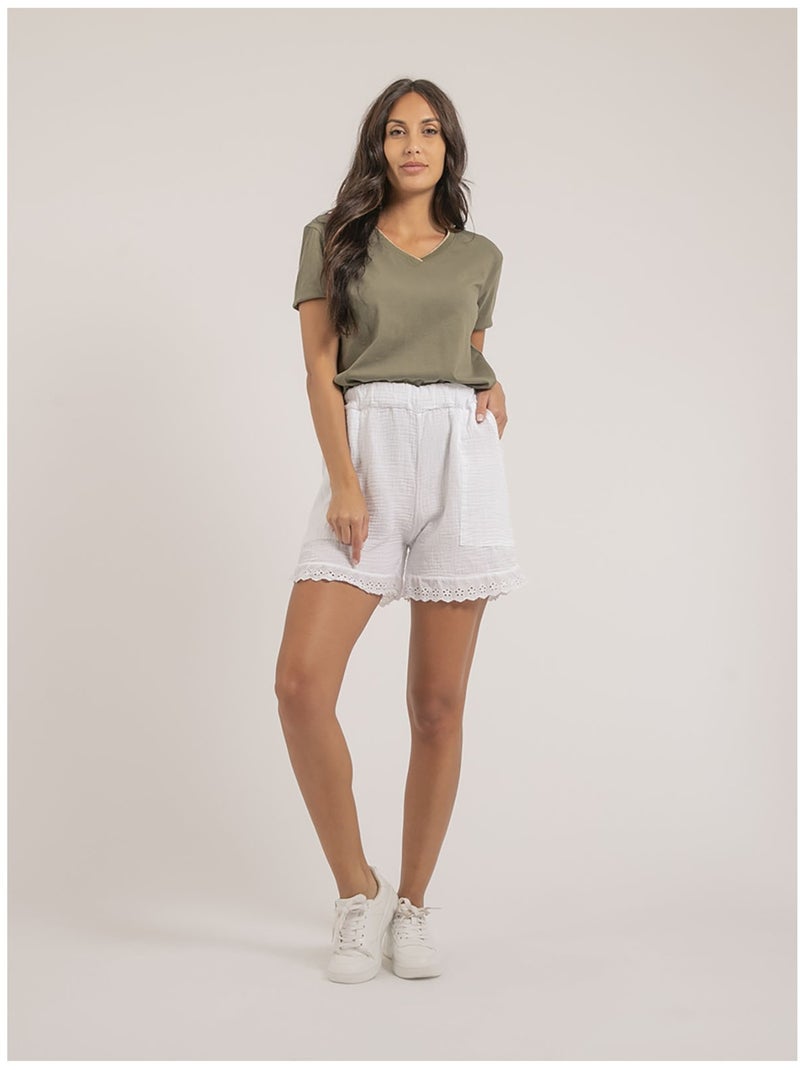 T-shirt scollo a V in puro cotone FAMIA Cachi - Kiabi
