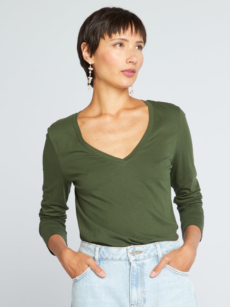 T-shirt scollo a V Verde - Kiabi