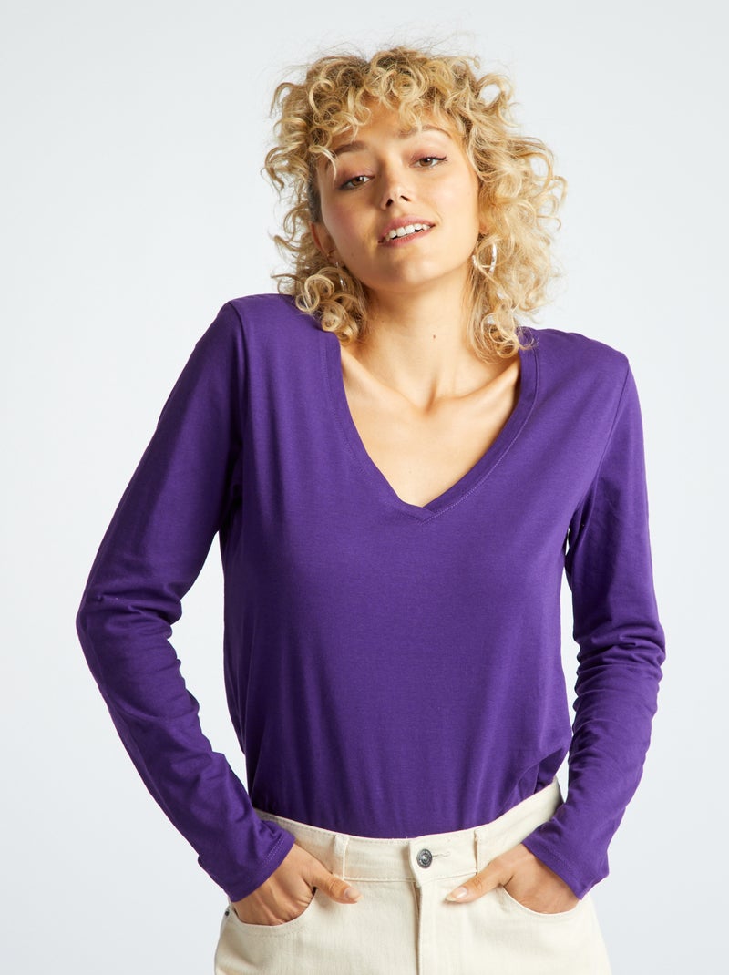 T-shirt scollo a V Viola - Kiabi