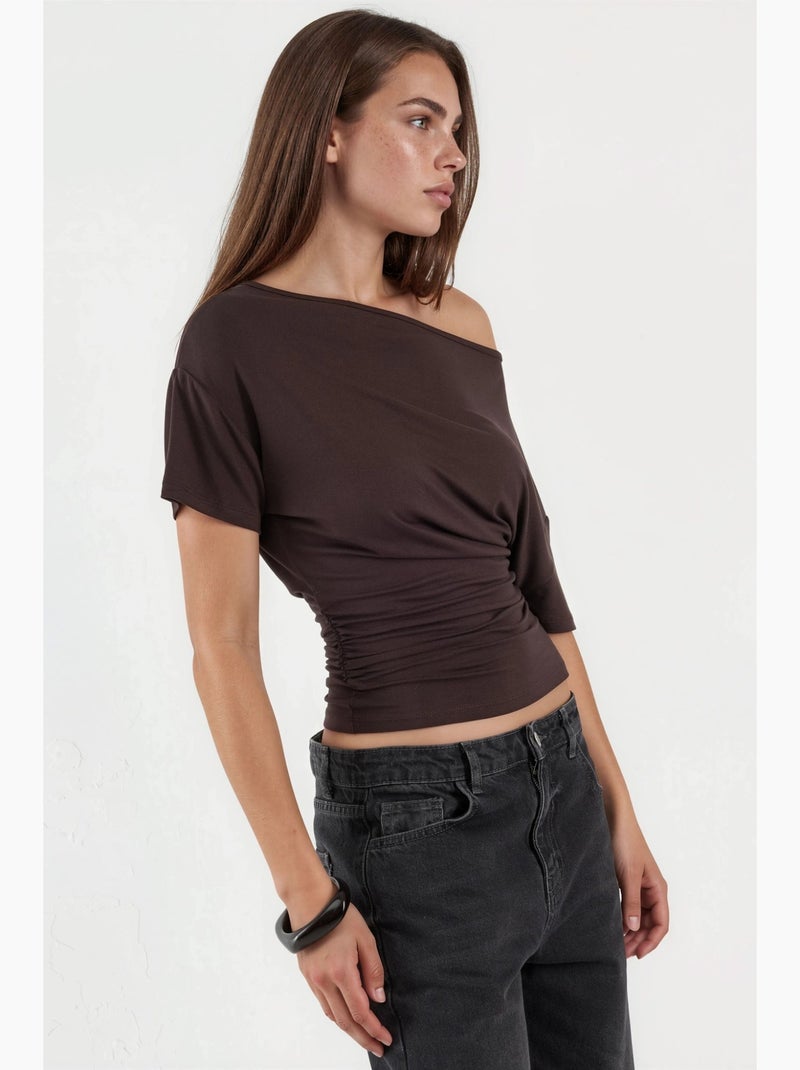 T-shirt scollo asimmetrico maglia viscosa morbida manica corta hiccup Marrone cioccolato - Kiabi