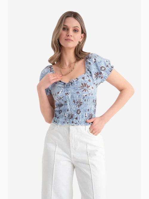T-shirt scollo cuore floreale arricciata manica a sbuffo hiccup - Kiabi