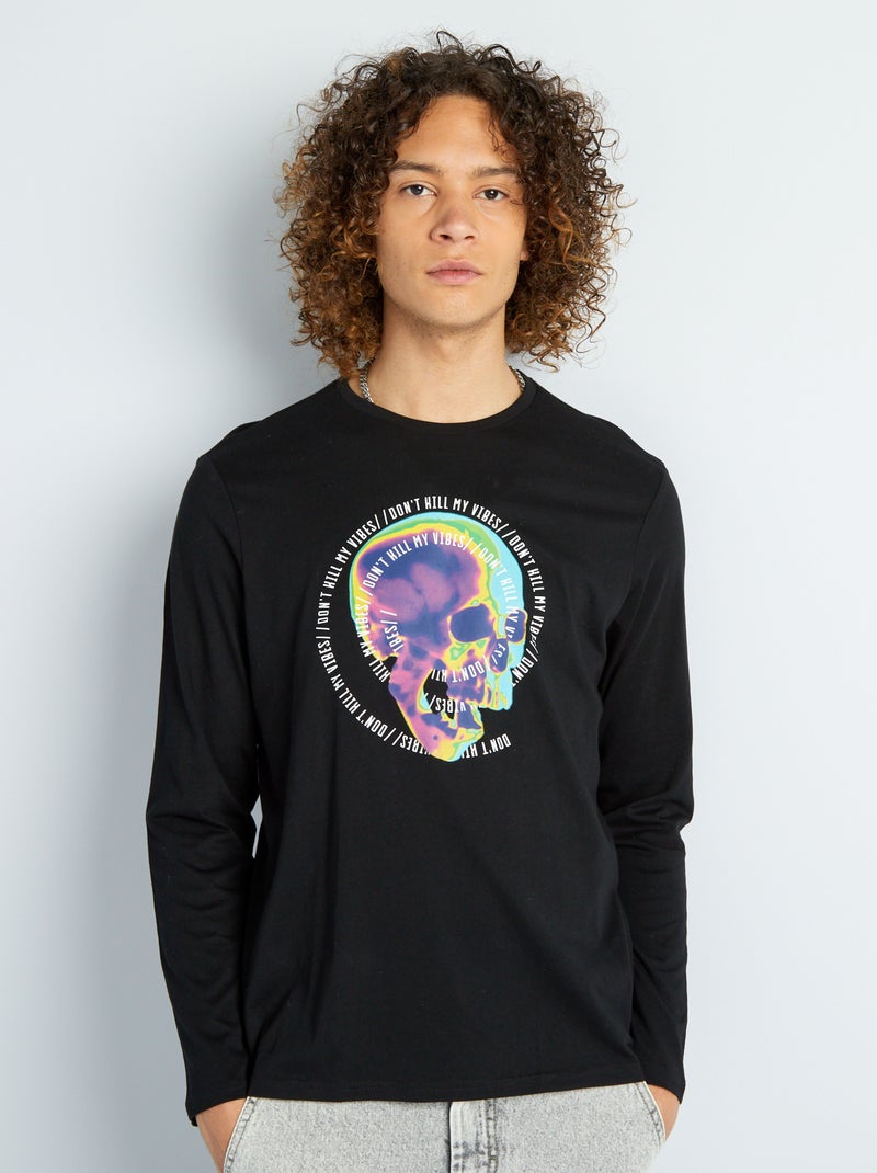 T-shirt scollo tondo con maniche lunghe NERO - Kiabi