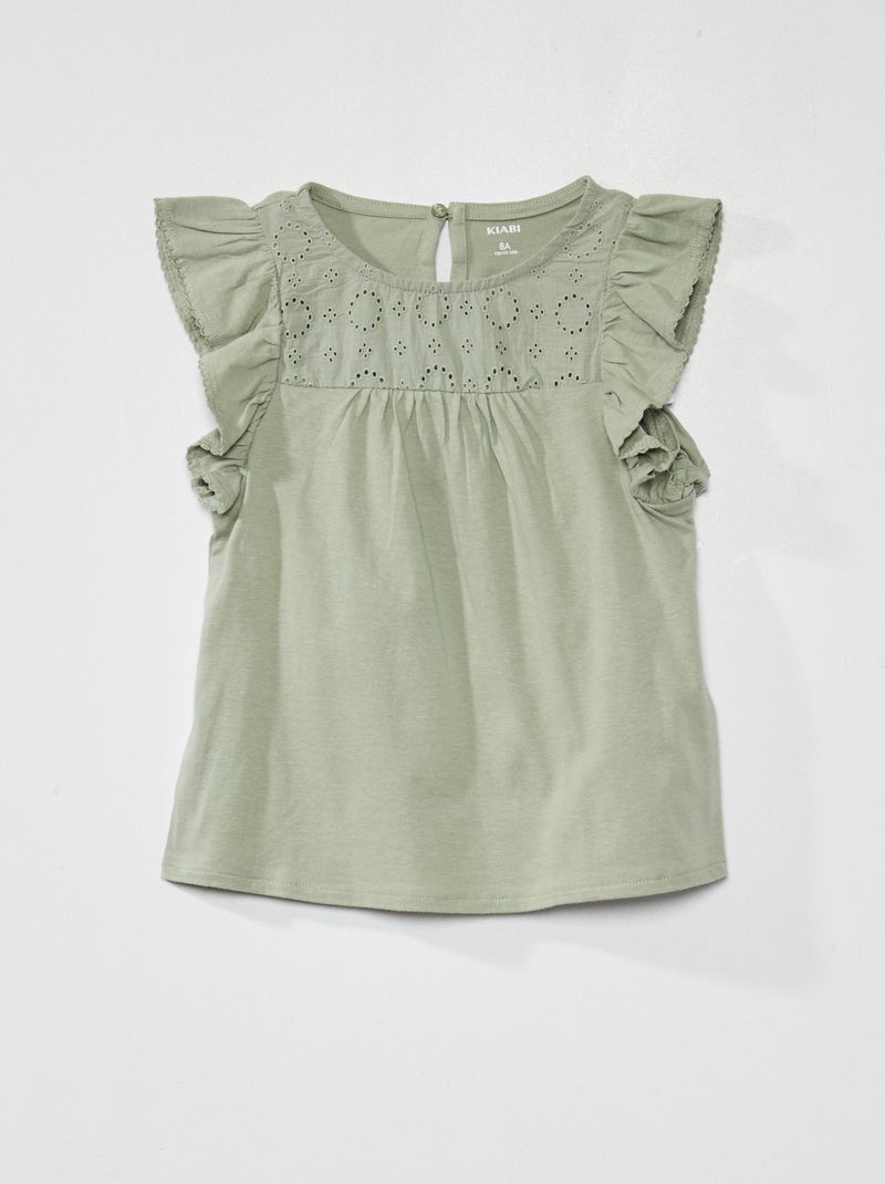 T-shirt scollo tondo con ricamo punto inglese verde grigio - Kiabi