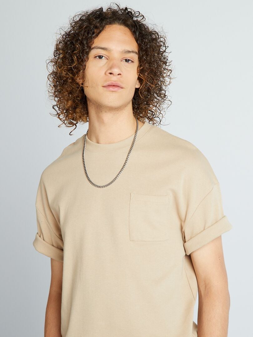 T-shirt scollo tondo con tasca sul petto BEIGE - Kiabi
