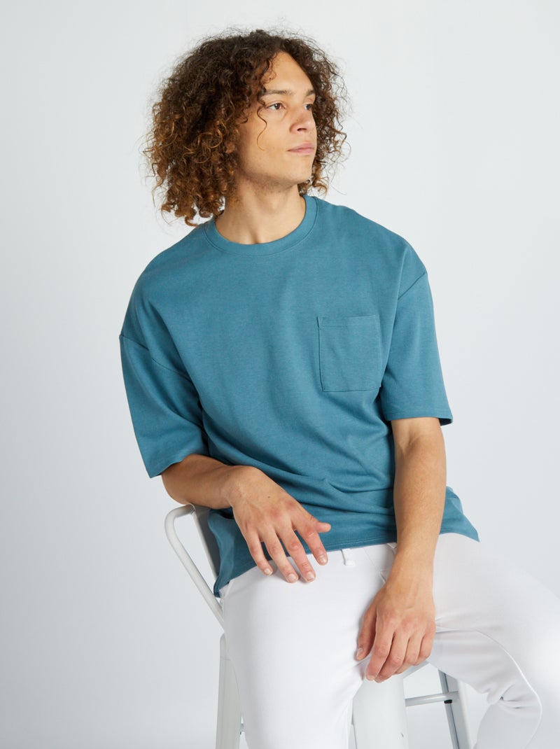 T-shirt scollo tondo con tasca sul petto blu scuro - Kiabi