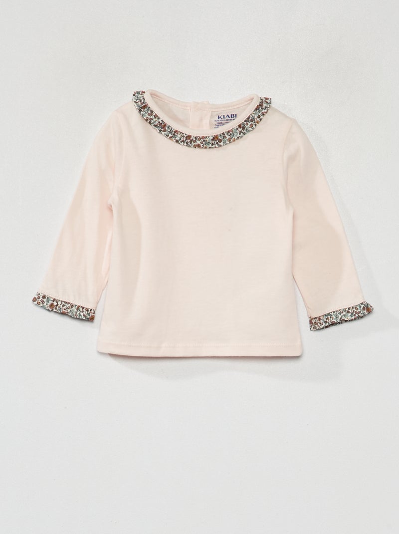 T-shirt scollo tondo con volant ROSA - Kiabi