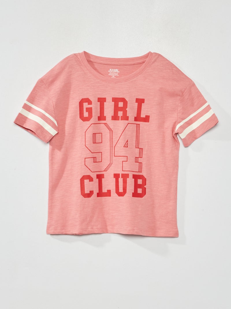 T-shirt scollo tondo stile campus ROSA - Kiabi