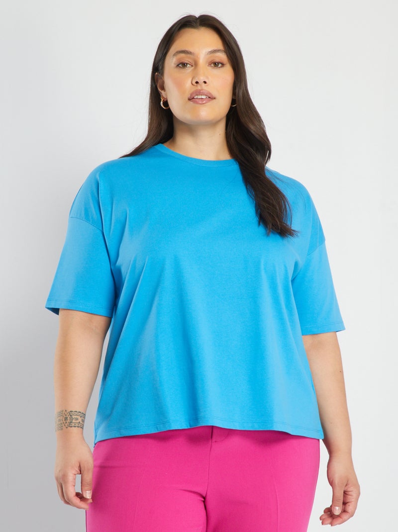 T-shirt scollo tondo tinta unita blu azzurro - Kiabi
