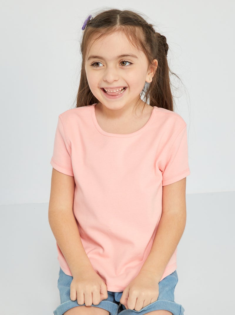 T-shirt scollo tondo tinta unita ROSA - Kiabi