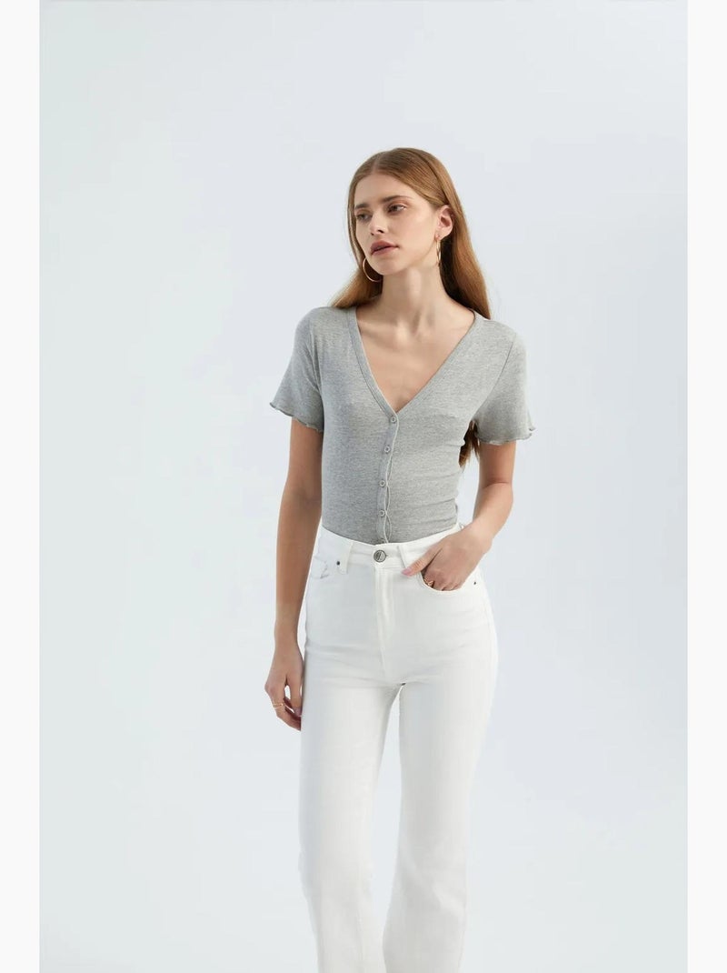 T-shirt scollo v strutturata manica corta hiccup Grigio - Kiabi