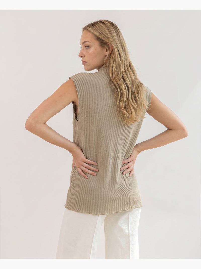 T-shirt senza maniche a coste a righe da donna ADMAS Cammello - Kiabi