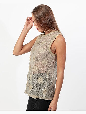 T-shirt senza maniche da donna ADMAS con applicazioni floreali