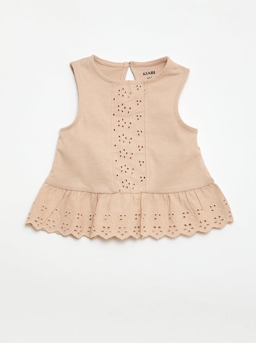 T-shirt senza maniche in jersey di cotone con dettagli in pizzo sangallo - Kiabi