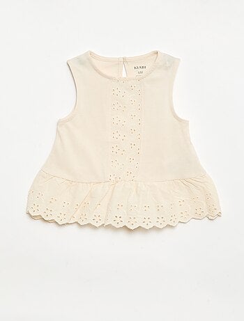 T-shirt senza maniche in jersey di cotone con dettagli in pizzo sangallo